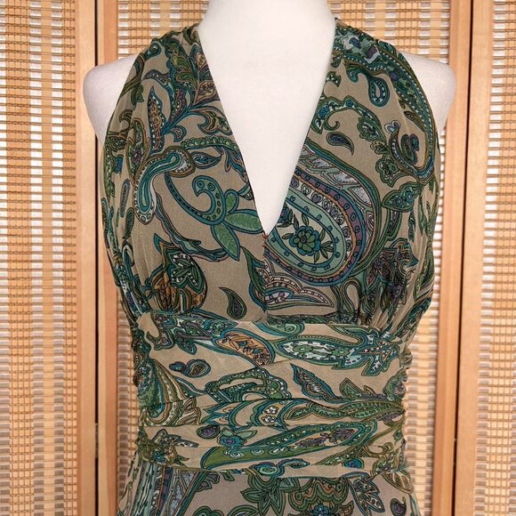 Vintage Y2K Rose & Lula green and tan paisley print halter neck 100% silk dress - Picture 2 of 6